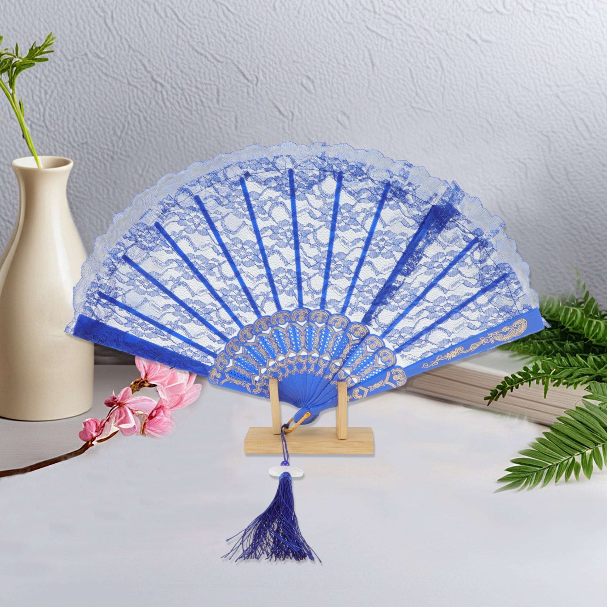 Unique Bargains Lace Trim Orchid with Tassel Folding Fan 1 Pc Blue