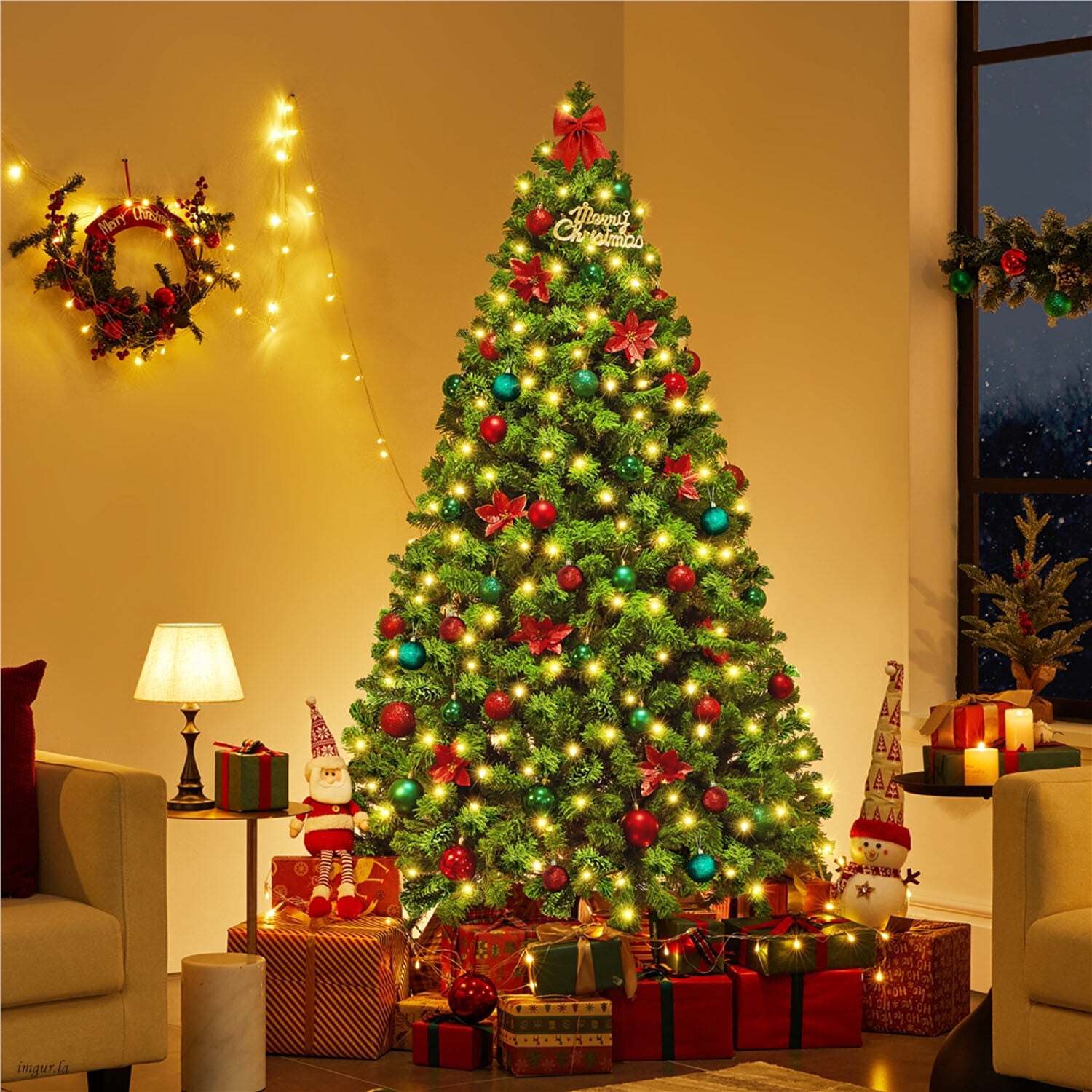Alden Design 6FT Pre-lit Artificial Christmas Tree Flocked Christmas Tree with Foldable Stand and LED Warm Lights,Pure Green