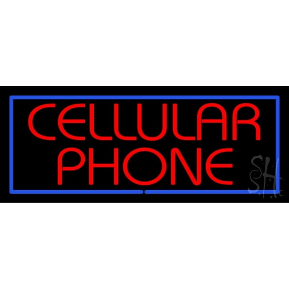 Red Cellular Phone Blue Border LED Neon Sign 13 x 32 - inches, Clear Edge Cut Acrylic Backing, with Dimmer - Bright and Premium built indoor LED Neon Sign for Computer & Electronics store decor.