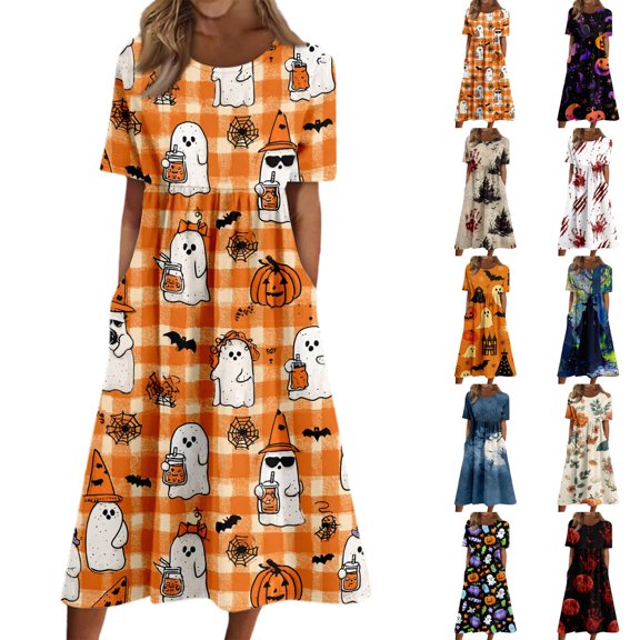 Halloween Summer Dresses for Women Novelty Cartoon Ghost Medieval Dress Short Sleeve Trendy Loose Fit Flowy Midi Halloween Costumes for Women Yellow XXL