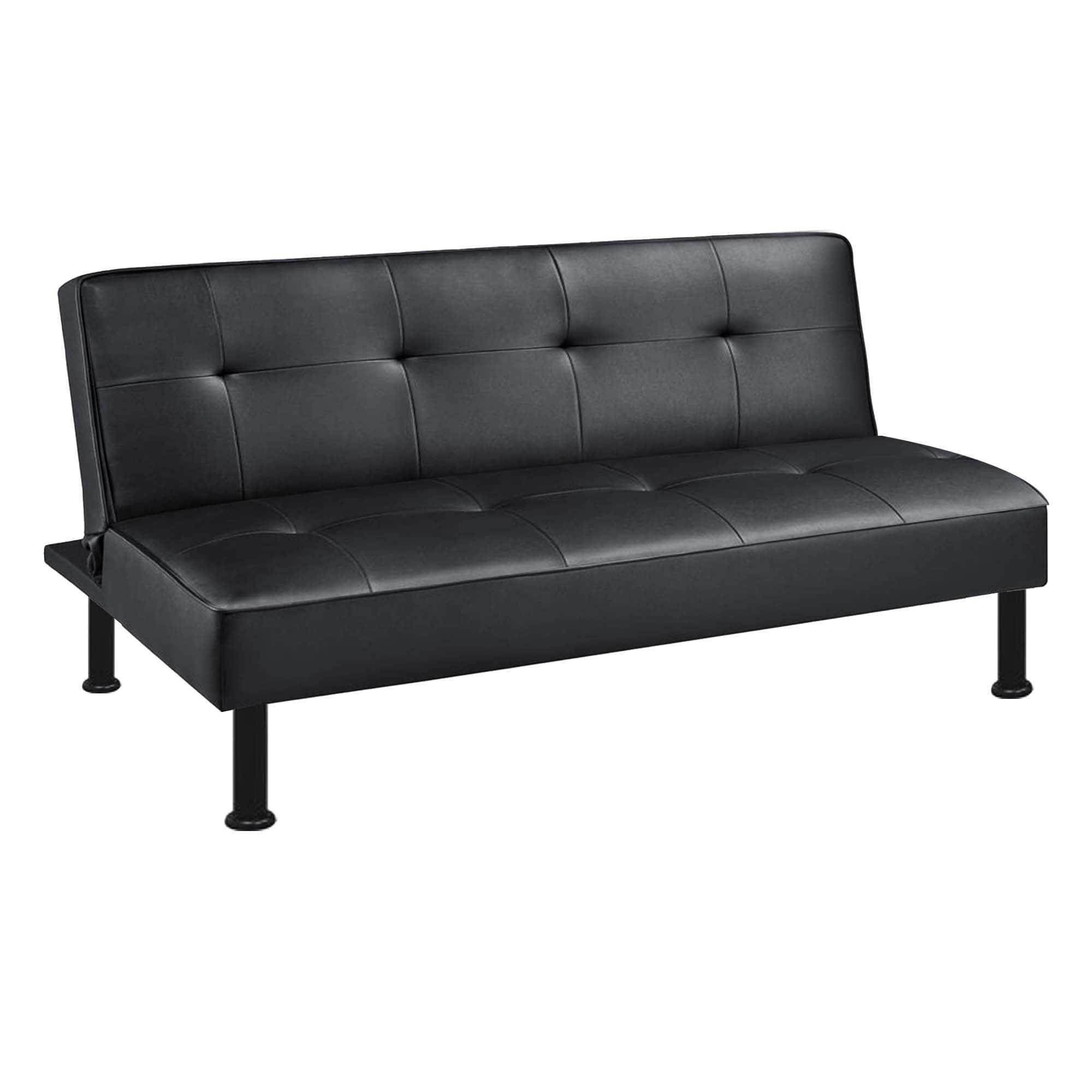 Aukfa Studio Futon Convertible Sofa Bed, Tufted Back, Leather, Black