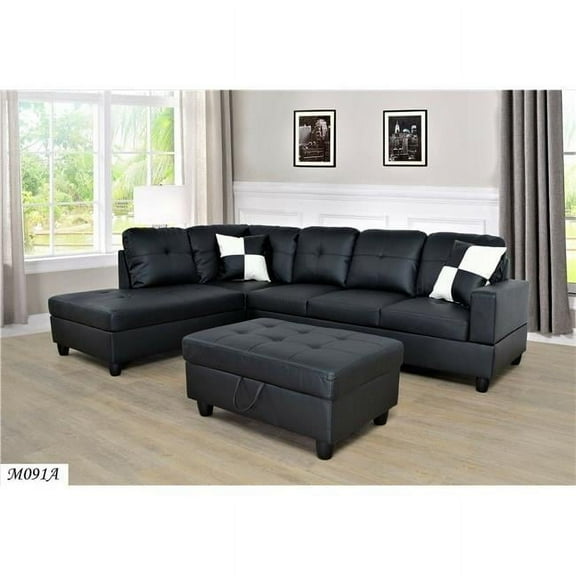 Left Facing Sectional Sofa Set with Ottoman, Black - 3 Piece