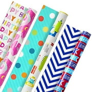 Reversible Kids Birthday Wrapping Paper, Monsters and Unicorns (Pack of 3, 120 sq. ft. ttl.)