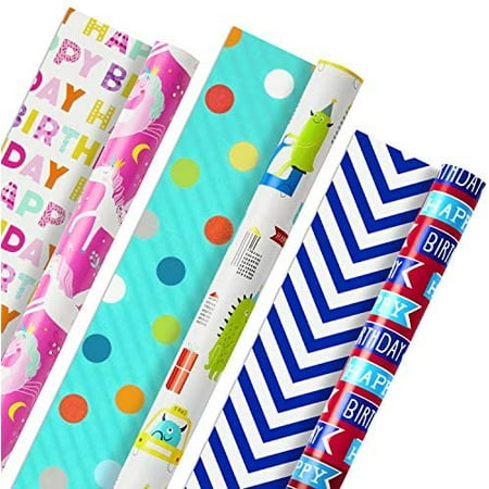 Reversible Kids Birthday Wrapping Paper, Monsters and Unicorns (Pack of 3, 120 sq. ft. ttl.)