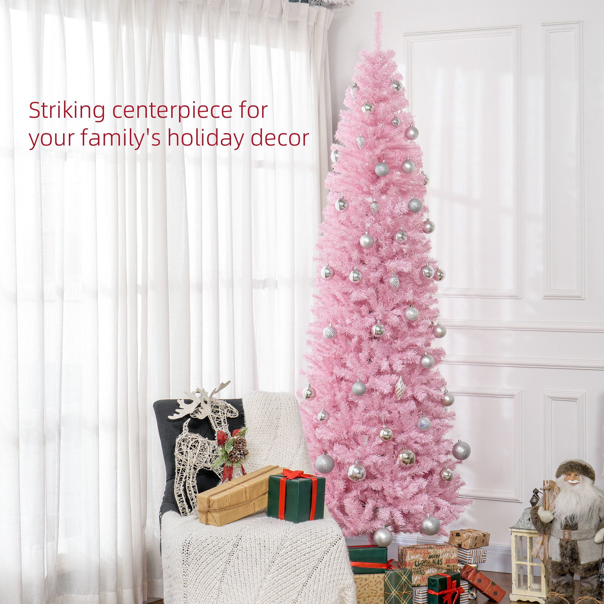 8ft Pencil Christmas Tree, Unlit Artificial Christmas Tree Slim Douglas Fir Xmas Tree with Realistic Branches, Halloween Tree with 1168 Tips