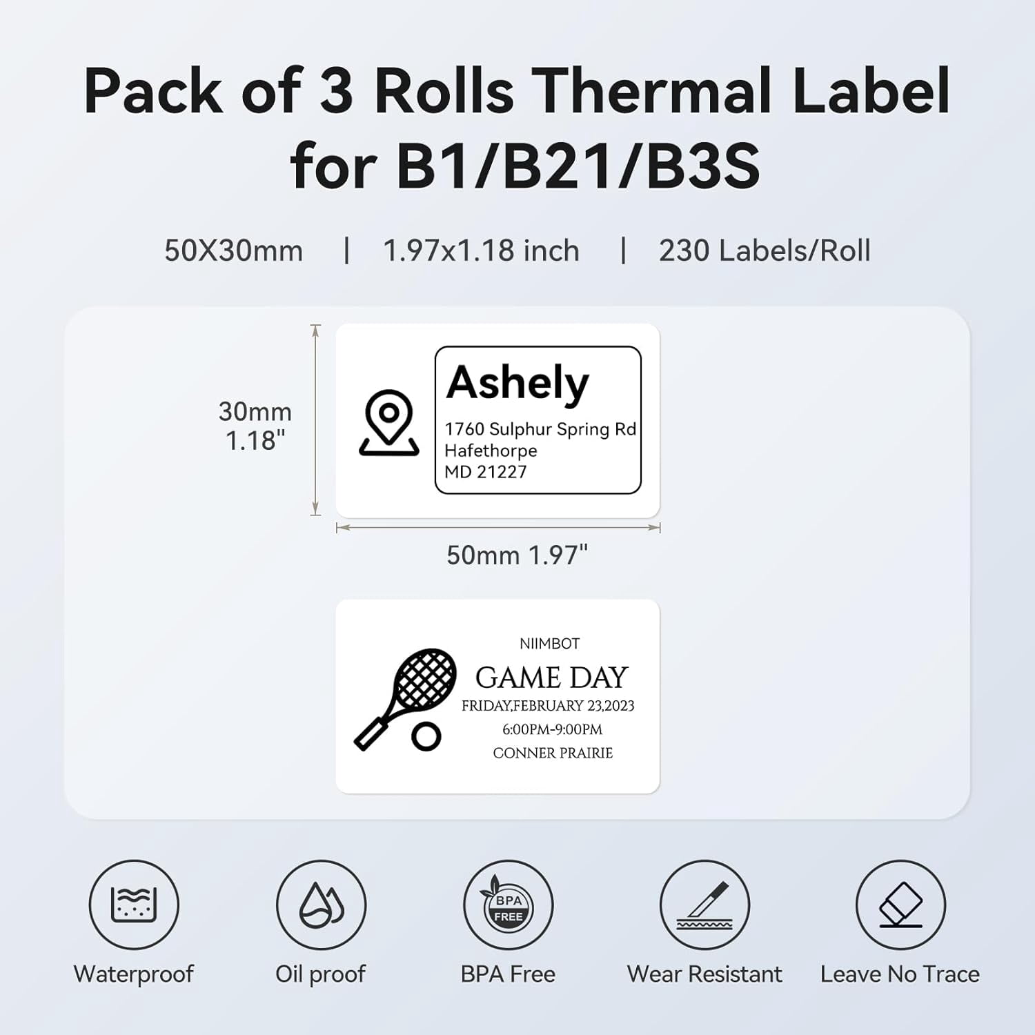 3 Rolls Set Label for B1/B21/B3S Label Printer, 1.97'' x 1.18'' (50x30mm),Waterproof Labels for Mason Jar/Barcode/Logo/QR Code (White)