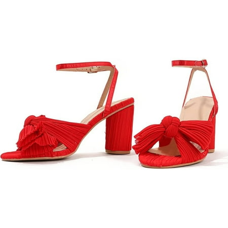 

ZBCHLS Pleated Bow Knot Round Heeled Sandals Bridal Wedding Open Toe Ankle Strap Chunky Heels Women Sweet Bow Sandals Block High Heels Summer Bridal Dress Shoes