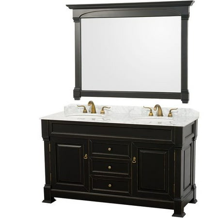 Wyndham Collection Andover 60 inch Double Bathroom Vanity in Black, White Carrera Marble Countertop, Undermount Oval Sinks, and 56 inch Mirror