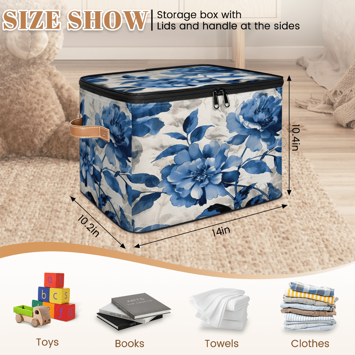 CURLYOOT Watercolor Blue Flower Storage Bin with Zipper Lid, Fabric Decorative Lidded Storage Baskets Boxes, Foldable Organizer Container Basket for Bedroom Closet Shelf
