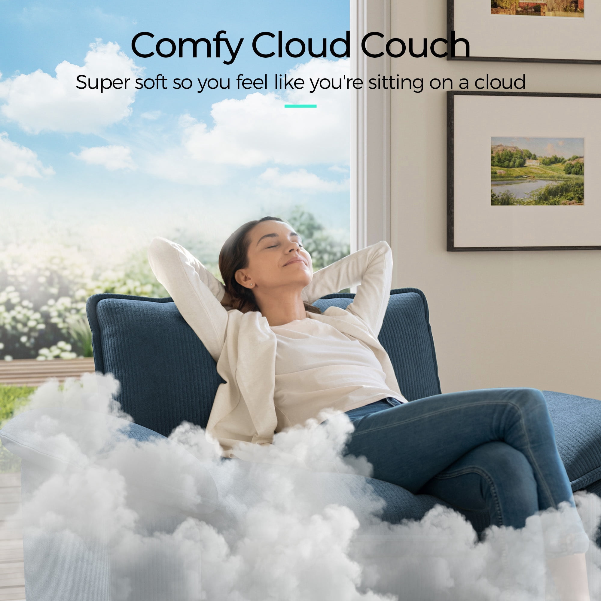 LINSY HOME Modular Sectional Sofa with 2 Movable Ottomans, 4-Seat U Shaped Cloud Couch for Living Room, Blue