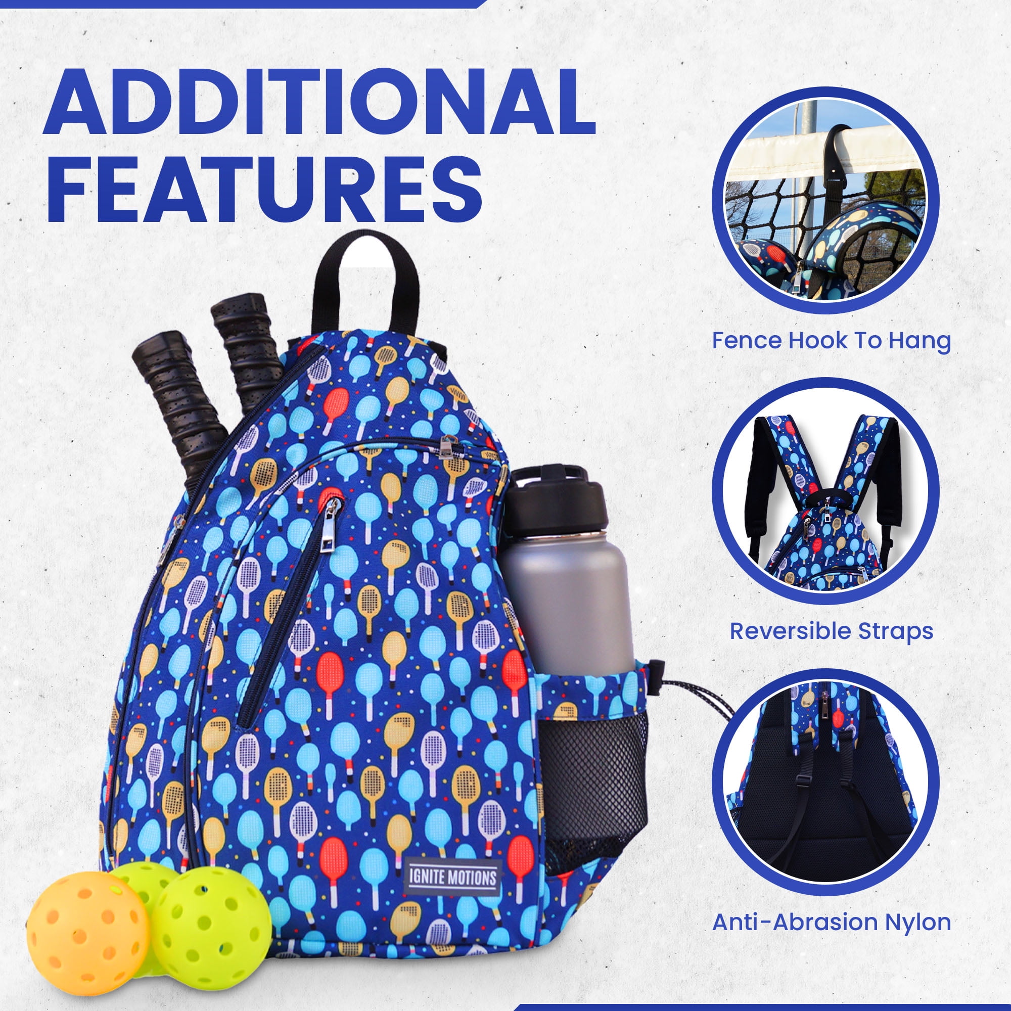 Ignite Motions Pickleball Sling Bag for Women and Men - Backpack with Fence Hook - Crossbody - Waterbottle Holder