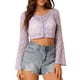 thumbnail image 1 of Top de encaje transparente de cuello en V con mangas de campana elegante y recortado INSPIRE CHIC para mujer color púrpura S, 1 of 6