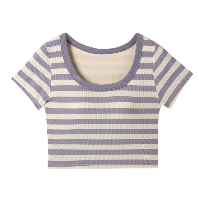 Crop Tops pour Filles Manches Courtes T-Shirt d'Été Col Rond Manches Roulées Tee Violet 14-15 Ans