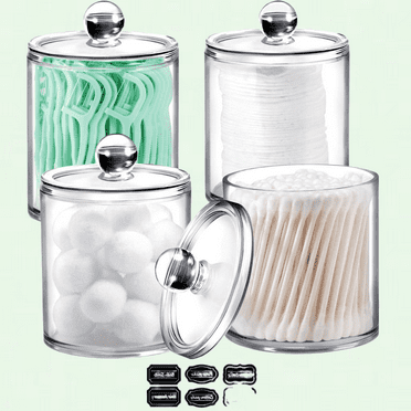 Set of 4 Clear Acrylic Bathroom Vanity Canister Jars, 12 Oz. Storage Containers with Lid