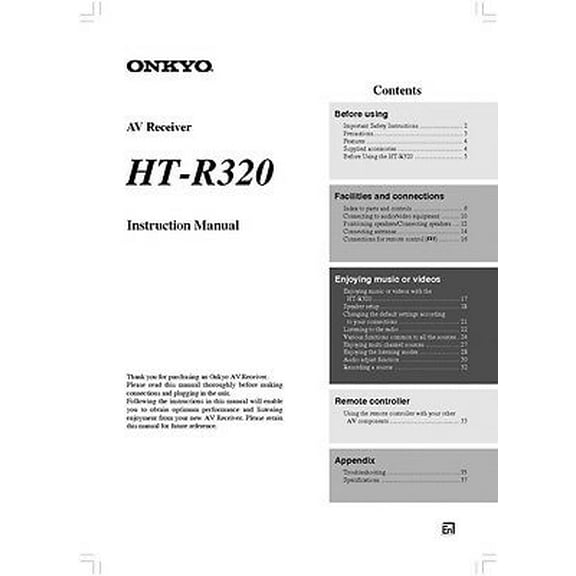 Instruction Manual ONLY for Onkyo Integra HT-R320 Receiver Owners Instruction Manual REPRINT