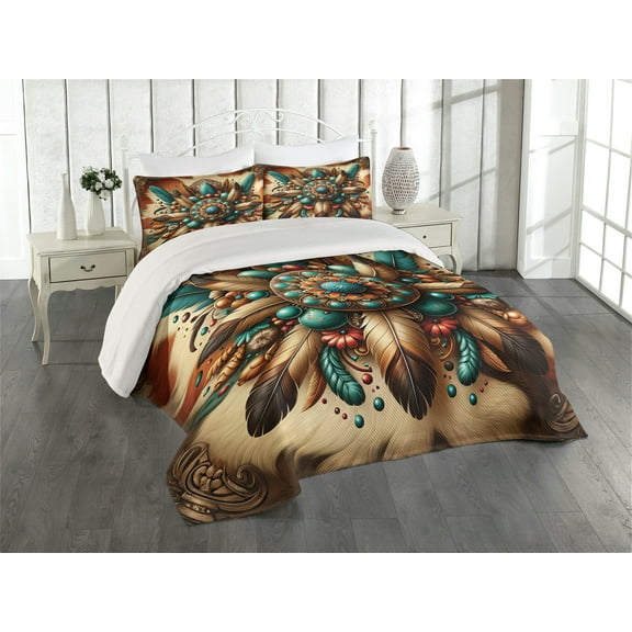 Ambesonne Rustic Quilted Coverlet 3 Pcs, Boho Earthy Feathers Mandala, King Size, Teal Cinnamon Brown