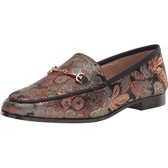 Sam Edelman Loraine Bronze Leather Slip-On Classic Chain Detail Vamp Loafers (Bronze Floral Fabric, 4)