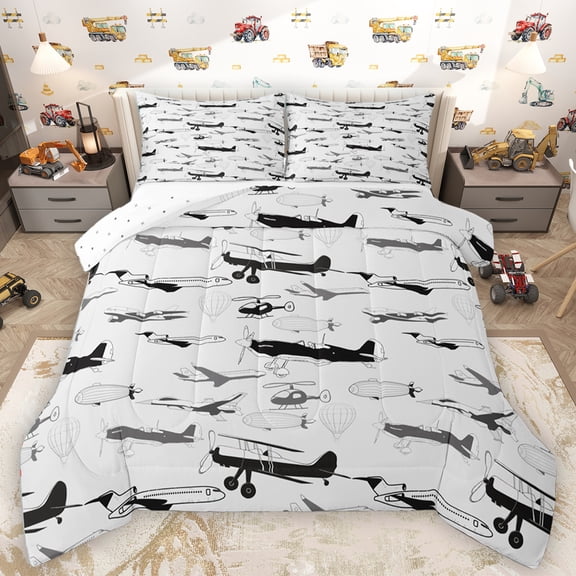 Homewish Retro Sirplane Bedding Comforter Set,Vintage Aircraft Theme Twin Comforter Sets,White Black Gray Bedding Set For Boys Teens,Super Cozy Room Decor Reversible,2-Piece