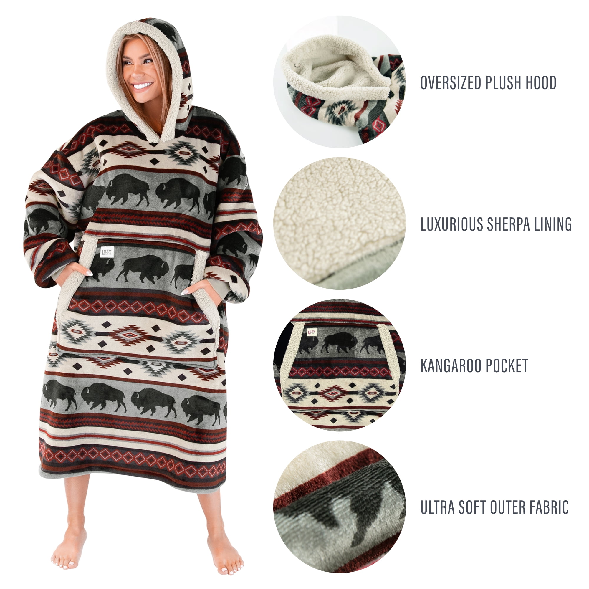 Lazy One Oversized Blanket Hoodie, Comfortable Sleepwear, Oversized Hoodies for Women and Men, One Size Fits All Wearable Blankets (Buffalo)