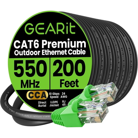 GearIT Copper Clad Aluminum Cat6 Ethernet Cable, Outdoor Direct Burial Network Cable, Black, 200 ft