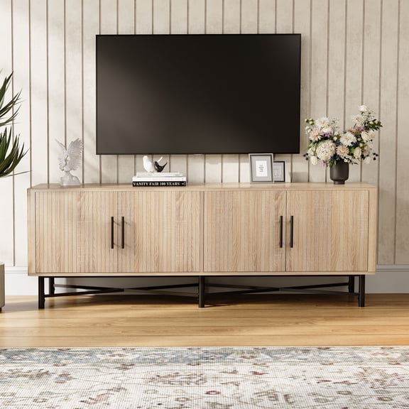 Christopher Knight Home 66" Wood TV Stand Cabinet, 4 Doors with Storage Spaces, Adjustable Shelves, Natural