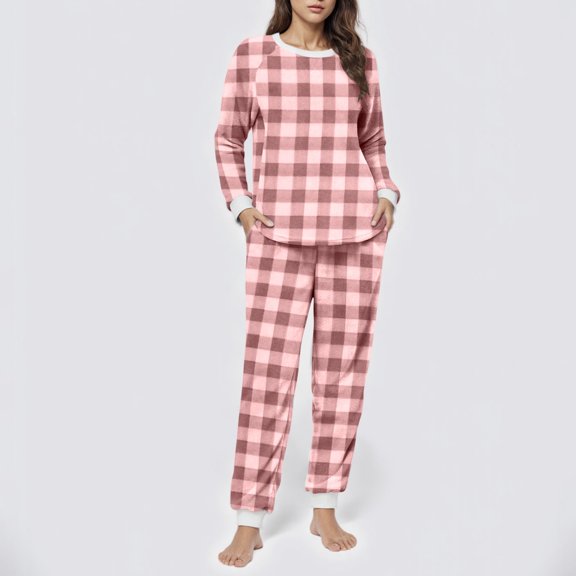 SYMOID Womens Hot Pink Plaid Pajama Set - 100% Polyester Soft Long Sleeve Top & Full-Length Pants, Featuring Pockets & Contrast Trim, Sizes S-XXL, Machine Washable,Size M