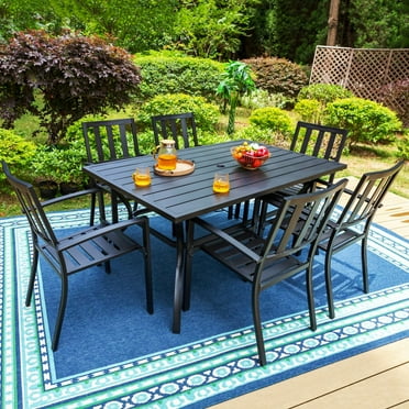 MF Studio 7-Piece Outdoor Dining Set, All-Weather Metal Steel Patio Furniture Set with Stacking Chairs for 6-Person, Black
