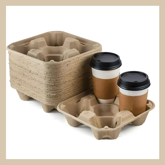 Pokanic 4 Cup Tray Carrier [25 Pack] 8 to 32 oz No-Spill-Mess Biodegradable Eco-Friendly Disposable Cup Hot Cold Coffee Beverage Drinks Take-Out Togo Delivery Shop Restaurant (25 Pack, 4 Cup Tray)