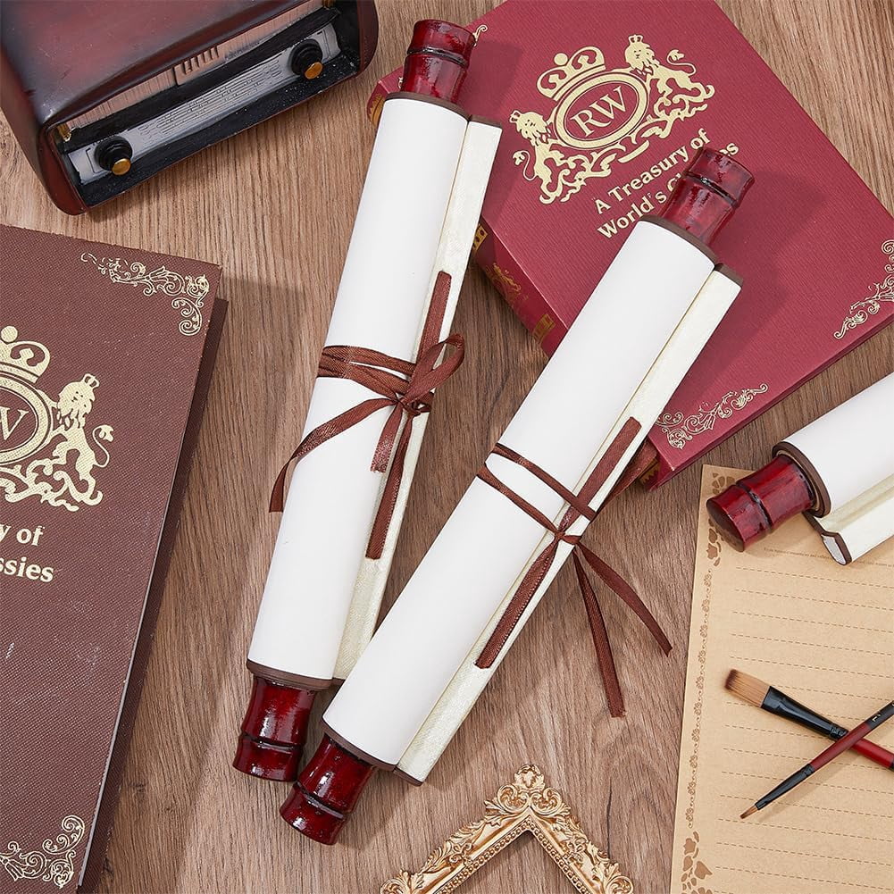 4Rolls Blank Paper Scrolls with Wood Rods Blank Painting Scroll Long Aged Blank Scroll on Wood Rods for Naughty or Nice List Writing Calligraphy 13inch Brown