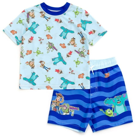 Disney Pixar Toy Story Incredibles Monsters Inc. Woody Buzz Lightyear Mike UPF 50+ Rash Guard and Swim Trunks Outfit Set Infant to Little Kid