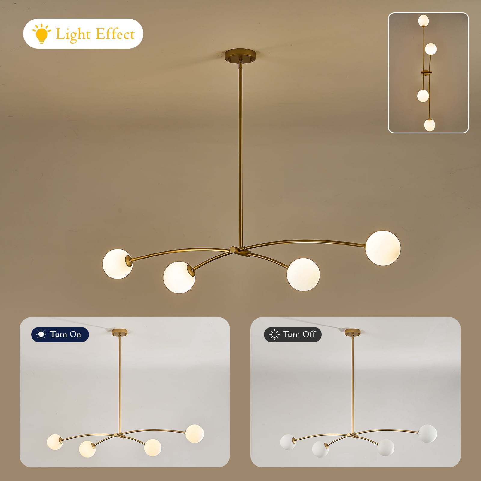 Modern Gold Sputnik Chandelier L51” Mid Century 4 Lights Milk Glass Globe Ceiling Pendant Light Fixture Contemporary for Kitchen Island Dining Room Bar Bedroom Home Office