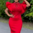 thumbnail image 3 of AURA Women’s Beaded Bodycon Midi Dress Ruffle Short Sleeves Half High Neck Zipper Solid Color S-5XL, 3 of 7