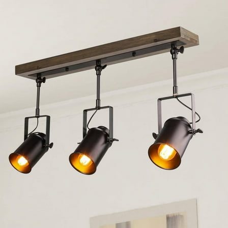 LNC 3-Light Adjustable Track Lighting with Wood Canopy, Matte Black Industrial Ceiling Fixture