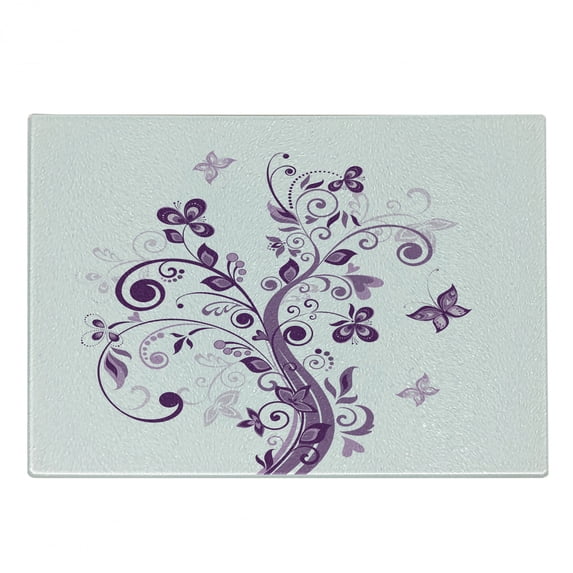 Mauve Cutting Board, Tree with Swirled Branches and Flowers Leaf Butterfly Bridal Inspirations Theme, Decorative Tempered Glass Cutting and Serving Board, Small Size, Purple White, by Ambesonne