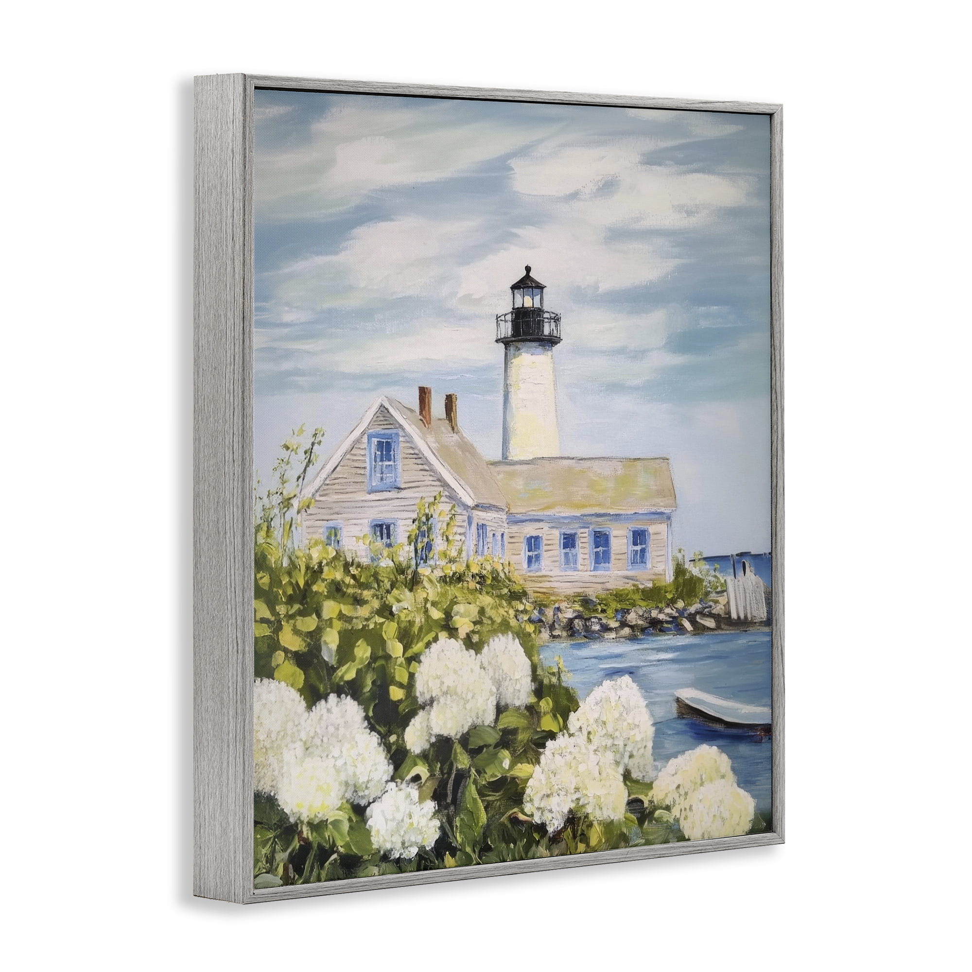 Stupell Industries Lighthouse Scenery with Hydrangeas Gray Framed Giclee Art, design by Sisi and Seb