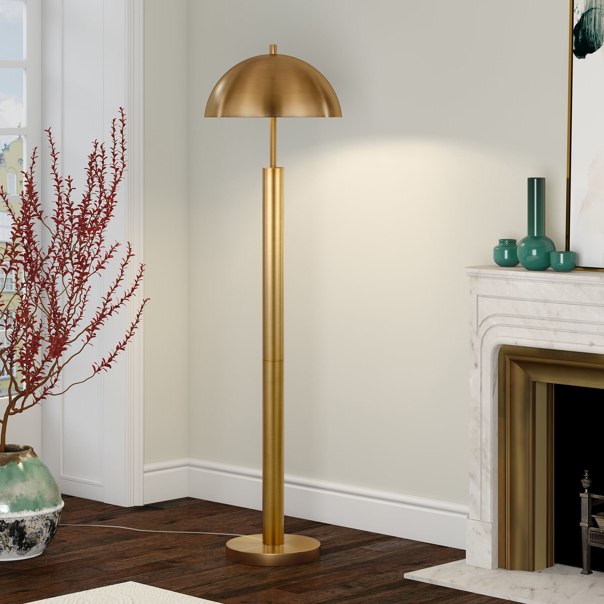 Evelyn&Zoe York 58" Tall Floor Lamp with Metal Shade, Brass/Brass