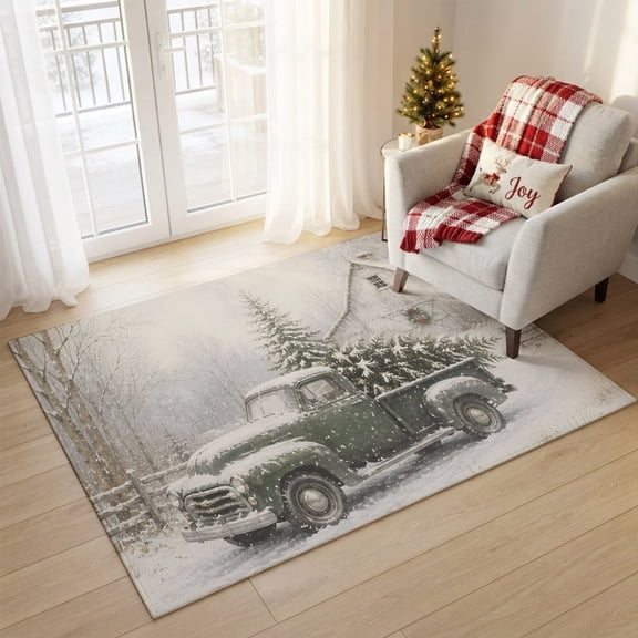3'x5' Area Rugs, Farmhouse Christmas Indoor Outdoor Area Rug for Living Room Bedroom, Winter Truck Xmas Pine Tree Barn Washable Bathroom Rugs Kitchen Floor Carpet Mats Home Decor
