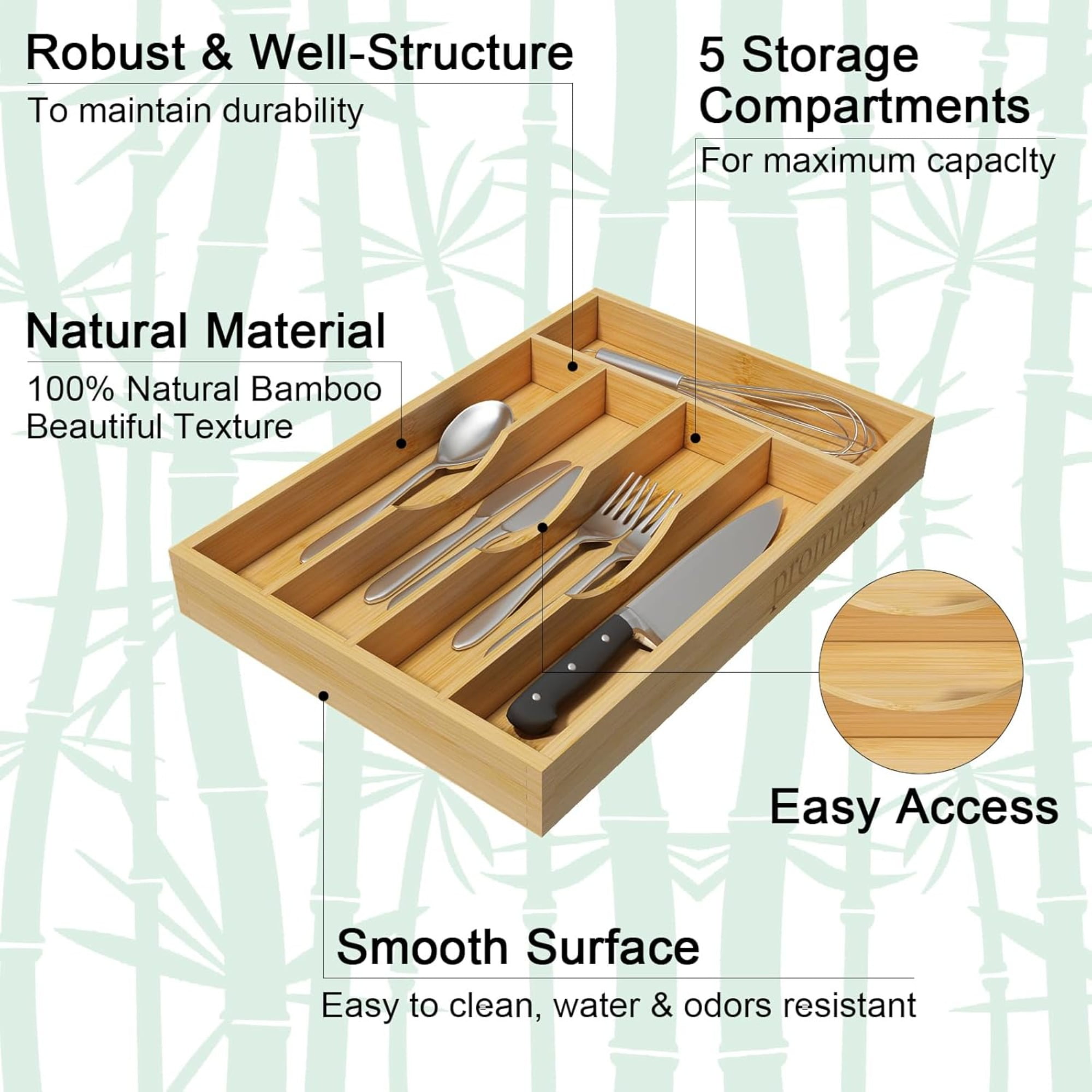 Bamboo Kitchen Drawer Organizer for Utensils, Silverware & Cutlery — Wooden Flatware Tray with 5 Compartments, Drawer Divider for Kitchen Storage