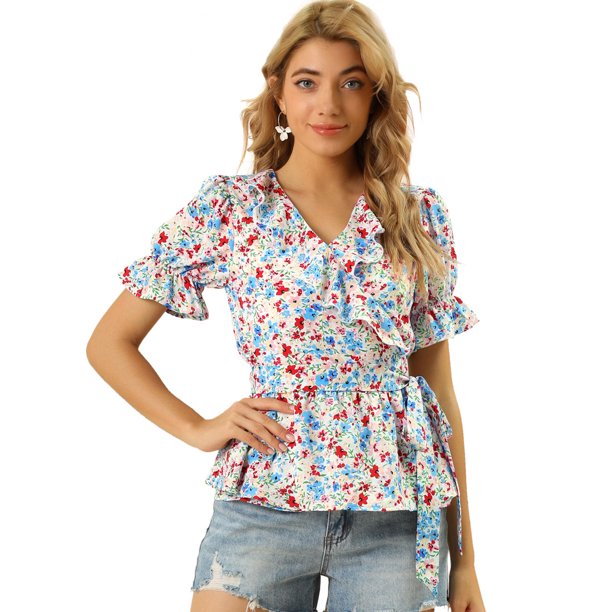 Allegra K Blusa cruzada con cuello en V y volantes de frutas de cereza dulce para mujer blanco S