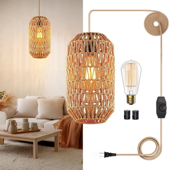 Cinkeda Plug in Pendant Light Dimmable Rattan Hanging Light for Kitchen Island Living Room Bedroom,LED Bulb Included