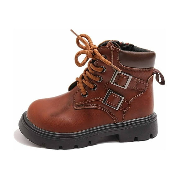 Ticikt Girls Retro Fashion Ankle Boots, Double‑Buckle Decor Non‑Slip Sole Faux‑Leather Short Booties,Brown