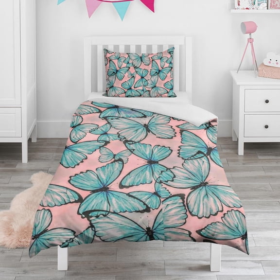 Flower and Butterfly Duvet Cover and Pillowcase Set for Single Bedding, Bedroom Accessories for Kids Teens