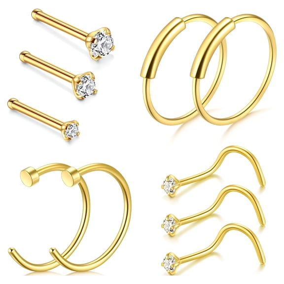 DESIGNICE Cz Diamond and Stainless Steel Nose Rings, Gold Nose Rings for Women, 10-Piece