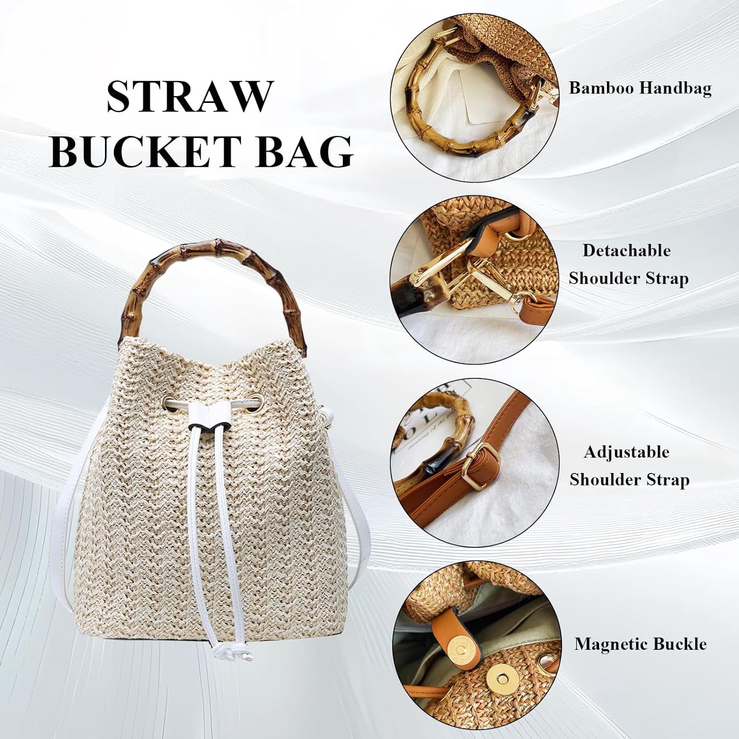 Straw Purse for Women, Summer Straw Bucket Bag Trendy Hobo Bag Straw Shoulder Crossbody Handbags with Bamboo Handle