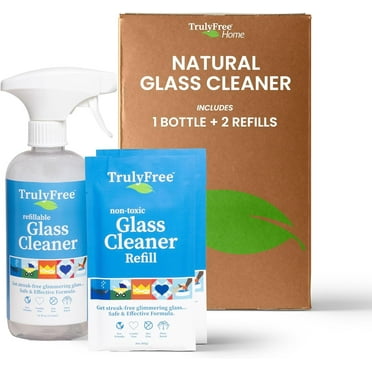 Truly Free Natural Glass Cleaner Spray- Removes Dirt & Debris for Sparkling Clean Windows & Glass Surfaces at Home, Office & Garage, Includes: 1 Refillable Empty Bottle (16oz) & 2 Refills (3oz ea)