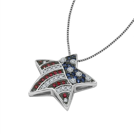 Gemour Platinum Plated Sterling Silver Swarovski Zirconia 4th of July Patriotic USA American Flag Star Pendant Necklace (1/2cttw), 18"