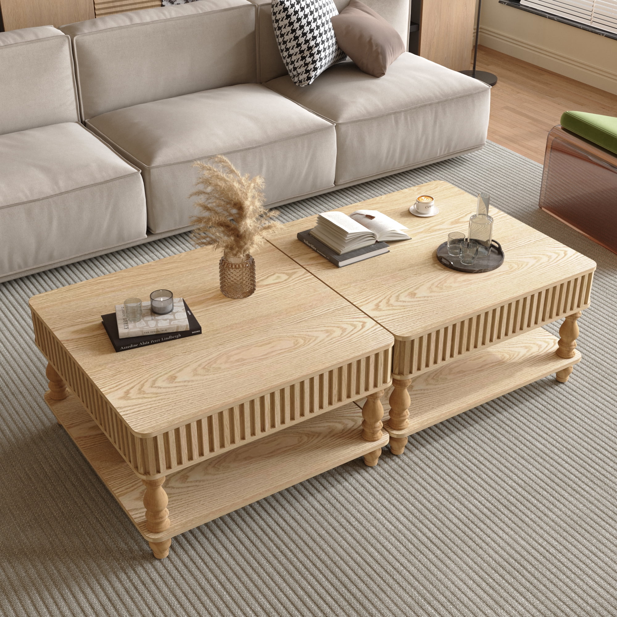 31.5" Square Lift Top Coffee Table with Hidden Storage, Hydraulic Rising Wood Center Table with Open Shelf, Fluted Design, Tool-Free Assembly for Living Room, NaturalWood