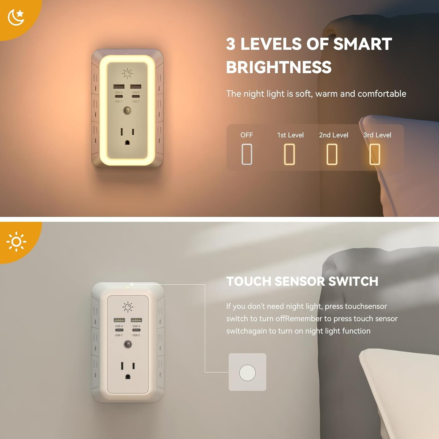 Multi Plug Outlet, USB Wall Char r, Sur Protector, 7 Outlet Extender with 4 USB Charging Ports (2 USB C) 1680J Power Strips Outlets with Night Light, Wall Plug Adapter Spaced for Home Travel Office