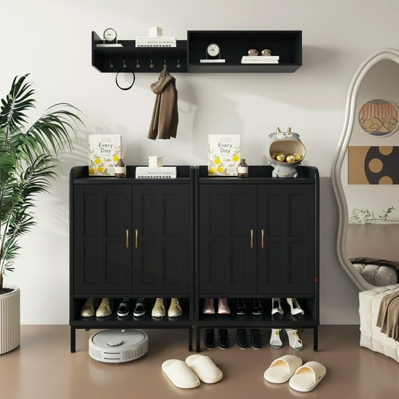 BOCVKENN Shoe Storage Cabinet with Cross Molding Doors, 5-Tier Farmhouse Shoe Cabinet with 3 Adjustable Shelves and Metal Legs, 41.5'' Tall Shoes Rack Organizer Cabinet for Entryway, Front Door