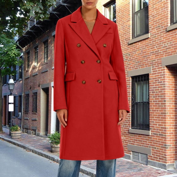ClodeEU Women's Winter Wool Blend Trench Coat, Long Double Breasted Lapel Coat Red,Womens Plus XXL